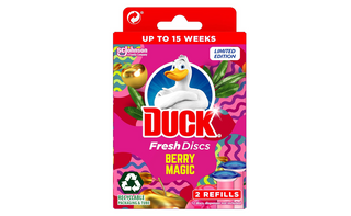 Duck Fresh Discs Berry Magic – Limited Edition, 2 refillsDuck Fresh Discs Berry Magic Limited Edition, refill med frugtig bærduft, indeholder 12 gel-discs, miljøvenlig emballage, op til 15 ugers friskhed.