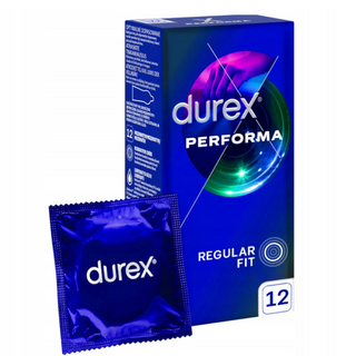 Durex Performa Regular Fit – kondomer med forsinkende glidecreme for længere nydelse. Pakke med 12 stk., dermatologisk testet og med optimal pasform for komfort og sikkerhed.