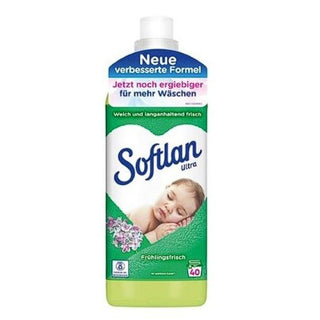 Softlan Skyllemiddel Forårs Frisk 1000ml i grøn og hvid flaske med forårsblomster-design. Skyllemidlet giver op til 45 vaske og efterlader tøjet blødt, velduftende og frisk med en ren duft af forår. Dermatologisk testet, 85% biologisk nedbrydelige ingredienser og flaske fremstillet af 100% genbrugsplast. Ideel til silkeblød og skånsom tøjpleje i hverdagen.