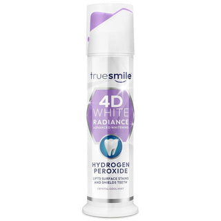 Truesmile 4D White Radiance tandpasta 100 ml med hydrogen peroxide og Crystal Cool Mint-smag. Tandpasta til daglig tandpleje, frisk ånde og hvidere tænder, der hjælper med at fjerne overfladiske misfarvninger og beskytte tænderne.