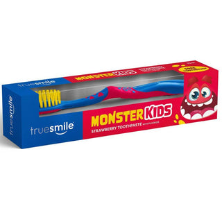Truesmile Monster Kids tandpasta 75 ml med tandbørste til børn. Børnetandpasta med jordbærsmag og fluorid til daglig tandpleje, frisk ånde og beskyttelse af børns tænder.