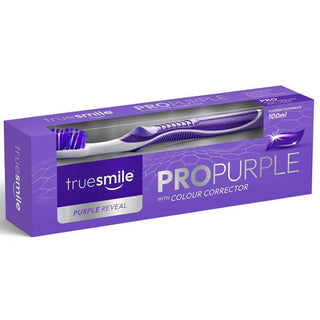 Truesmile ProPurple tandpasta 100 ml med colour corrector og fluorid til daglig tandpleje. Lilla tandpasta til frisk ånde, rene tænder og reduktion af gule toner, velegnet til et lysere og mere friskt smil.
