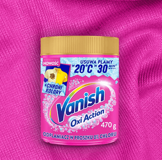 Vanish Oxi Action Powder – effektiv pletfjerner til tøj, fjerner genstridige pletter i koldt vand, uden blegemiddel, pink pulver i beholder, ideel til hvidt og farvet tøj, kraftfuld formel der opløser pletter hurtigt og giver renere vaskeresultater