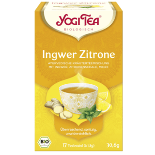 Yogi Tea Ginger Lemon Økologisk 17 breve – koffeinfri urtete med ingefær og citron. Økologisk yogi te med frisk citrus, varm ingefær og et strejf af mynte og sort peber for en balanceret og aromatisk smag. Ayurvedisk teblanding skabt til naturlig energi, fordøjelse og daglig velvære. 100% økologisk og vegansk med 17 tebreve à 1,8 g i bæredygtig emballage. Perfekt som varm te i hverdagen eller som frisk ingefær citron te året rundt. Køb Yogi Tea Ginger Lemon online hos Købogspar med hurtig levering i Danmark