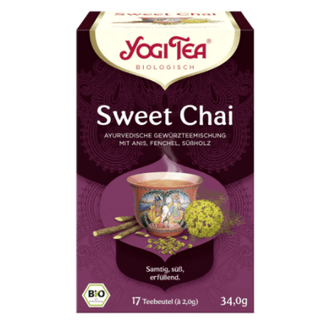 Yogi Tea Sweet Chai Økologisk 17 tebreve – klassisk koffeinfri chai te med naturlig sødme fra anis, fennikel og lakridsrod. Økologisk og vegansk krydret urtete med kanel, kardemomme, ingefær og sort peber. Perfekt varmende chai te til aftenhygge. 34 g pakke – køb Yogi Tea Sweet Chai online hos Købogspar i Danmark..Yogi Tea Sweet Chai Økologisk te 17 breve med krydret chai smag