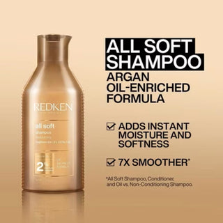 Redken All Soft Shampoo – formel beriget med arganolie for øjeblikkelig fugt og 7x blødere hår. Til intensiv pleje af tørt og skadet hår.