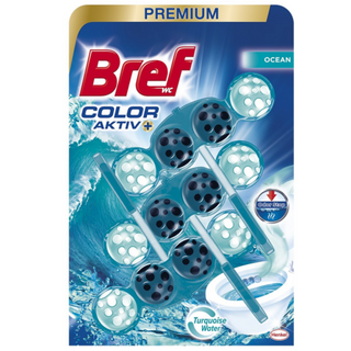 Bref Color Aktiv+ Ocean toiletblok med turkis vand og frisk duft til rengøring af toilettet.