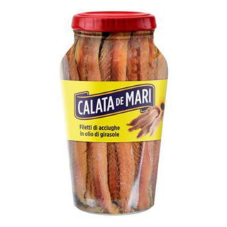 Calata de Mari ansjosfileter i solsikkeolie på glas, velegnet til pizza, pasta, salater, tapas og italienske retter