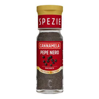Cannamela Pepe Nero Macinato malet sort peber i glas – klassisk italiensk krydderi til kød, pasta, saucer og madlavning.

