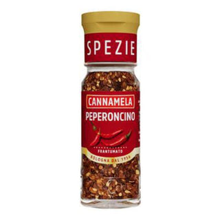 Cannamela Peperoncino Frantumato knust chili i glas – stærkt italiensk krydderi til pizza, pasta, saucer og madlavning.

