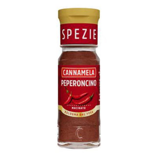 Cannamela Peperoncino Macinato malet chili i glas – stærkt italiensk krydderi til pasta, pizza, saucer og madlavning.
