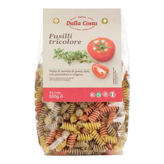 Dalla Costa Fusilli Tricolore trefarvet italiensk pasta, 500 g, med tomat og oregano til salater og pastaretter
