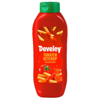 Develey tomatketchup i praktisk squeeze-flaske med grønt låg til pommes frites, burgere, grillmad og snacks
