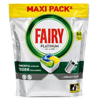 Fairy Platinum All in One opvasketabs 66 stk. til effektiv rengøring af service og genstridigt fedt
