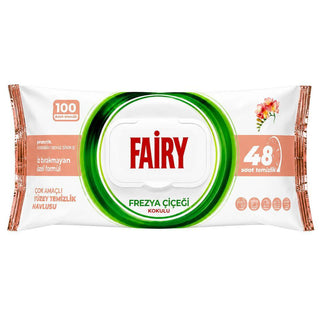Fairy universal rengøringsservietter med fresiaduft, 100 stk. – praktiske vådservietter til rengøring af forskellige overflader i hjemmet.