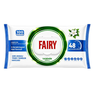 Fairy universal rengøringsservietter med jasminduft, 100 stk. – vådservietter til rengøring af forskellige overflader i hjemmet.