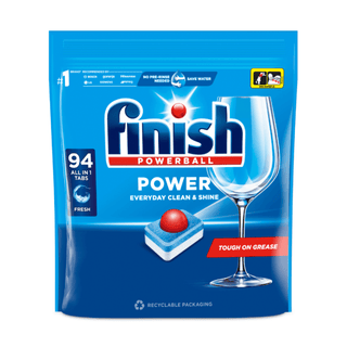 Finish Power All in 1 Fresh opvasketabs 94 stk til opvaskemaskine. Opvasketabs med Powerball til daglig opvask, effektiv rengøring af service, glas, tallerkener og bestik, stærk virkning mod fedt og madrester samt frisk duft og skinnende rent resultat uden behov for forskylning.