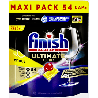 Finish Ultimate All in 1 Citrus opvasketabs 54 stk maxi pack med 54 kapsler til opvaskemaskine. Opvasketabs med Powerball, citrusduft, effektiv fedtfjernelse, skinnende rent service, brillant glans og beskyttelse af glas uden behov for forskylning.