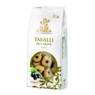 Fiore di Puglia Taralli alle Olive, 250 g, sprøde italienske taralli med oliven til snacks, tapas og antipasti