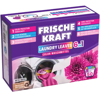 Frische Kraft 6-i-1 vaskeark til kulørt tøj, 50 stk., med farvebeskyttelse, pletfjerning og intensiv duft
