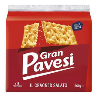 Gran Pavesi Il Cracker Salato sprøde italienske kiks, 560 g, saltede på overfladen og pakket i 18 portionspakker