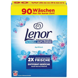 Lenor Aprilfrisch vaskepulver giver effektiv rengøring af tøj og en langvarig frisk duft efter vask. Pulveret opløses hurtigt og hjælper med at fjerne lugt fra tekstiler, så tøj, håndklæder og sengetøj føles rent og friskt. Den store pakke rækker til op til 90 vaske og er ideel til daglig tøjvask i familien. Søgeord: Lenor vaskepulver, Lenor Aprilfrisch, vaskepulver 90 vaske, vaskemiddel pulver, vaskepulver til tøj, langvarig frisk duft, lugtfjerner tøj, tøjvask, vaskemiddel til daglig vask.