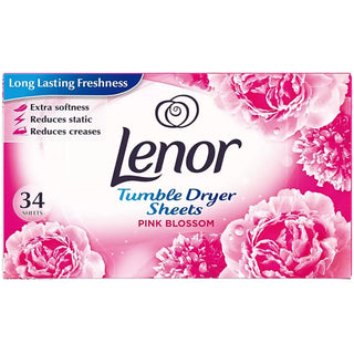 Lenor Pink Blossom tørretumblerark, 34 stk., giver tøjet ekstra blødhed, langvarig friskhed og færre folder
