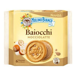 Mulino Bianco Baiocchi Nocciolate italienske kiks med cremet hasselnøddefyld, velegnet til kaffe, dessert og søde pauser
