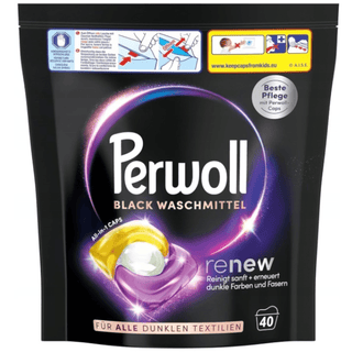 Perwoll Black Renew vaskekapsler til sort og mørkt tøj, der beskytter farverne og hjælper med at holde tøjet friskt.
