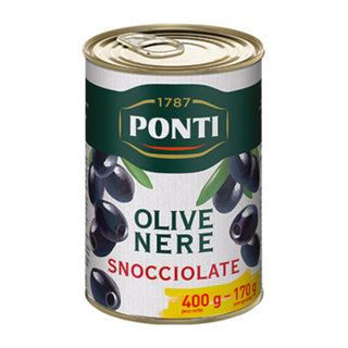 Ponti Olive Nere Snocciolate sorte udstenede oliven, 400 g, drænet vægt 170 g, til salater, pizza og antipasti
