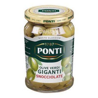 Ponti Olive Verdi Giganti Snocciolate store grønne udstenede oliven i glas til salater, tapas, pizza og antipasti
