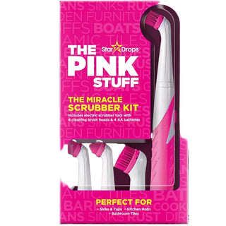The Pink Stuff elektrisk rengøringsbørste med 4 børstehoveder og 4 AA-batterier til køkken, bad og fliser

