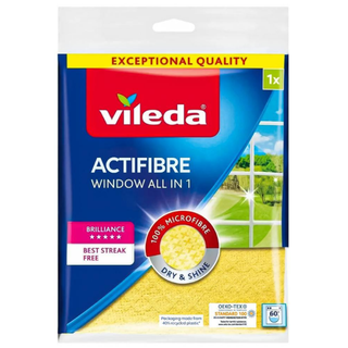 Vileda Actifibre Window All in 1 er en effektiv mikrofiberklud til rengøring af vinduer, spejle, glasborde, brusekabiner og blanke overflader. Kluden hjælper med at fjerne snavs, vandmærker og fingeraftryk, samtidig med at den tørrer og polerer for et skinnende og stribefrit resultat. Kan vaskes ved 60°C og bruges igen. Søgeord: Vileda Actifibre Window, Vileda mikrofiberklud, vinduesklud, glas klud, spejlklud, rengøring af vinduer, stribefri glasrens, mikrofiberklud til glas, Vileda Window All in 1.
