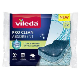 Vileda Pro Clean Absorbent rengøringssvampe, 2 stk., med høj sugeevne og enzymer til hygiejnisk rengøring i køkkenet
