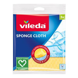 Vileda Sponge Cloth svampeklude, 3 stk., superabsorberende klude af cellulose og bomuld til rengøring i hjemmet
