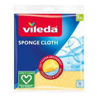 Vileda Sponge Cloth svampeklude, 5 stk., superabsorberende klude af cellulose og bomuld til rengøring i hjemmet

