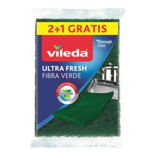 Vileda Ultra Fresh Fibra Verde skuresvampe, 3 stk., til grundig rengøring af gryder, pander og køkkenoverflader

